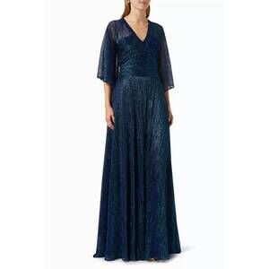 NEW TALBOT RUNHOF hottie metallic voile 3/4 sleeve v neck gown in navy